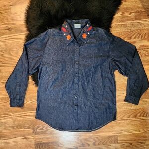 Denim Chambray Shirt with Reversible Removable Embroidered Velvet Collar Size L